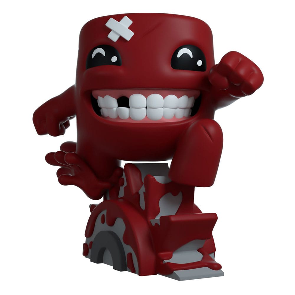 Aint nothing stoppin' me from getting my Nugget back. Meat Boy has side-scrolled his way finally into being a Youtooz. The collectible stands 4 inches tall. The collectible shows Meat boy sitting on a blood-covered grey gear. He has a big toothy grin and fist pump to the sky